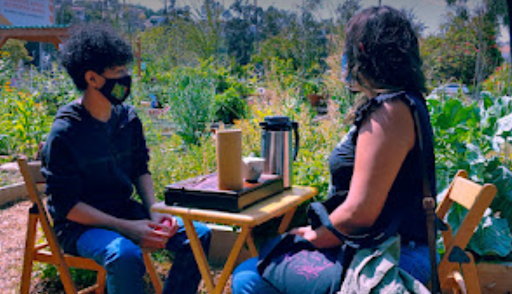 Two people talking in a garden